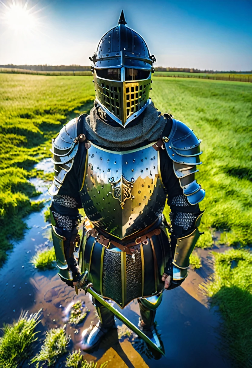 Fish-eye lens, portrait photo of a medieval knight in black armor in a green field, wet stone, puddles, blue sky, sunshine on armor
