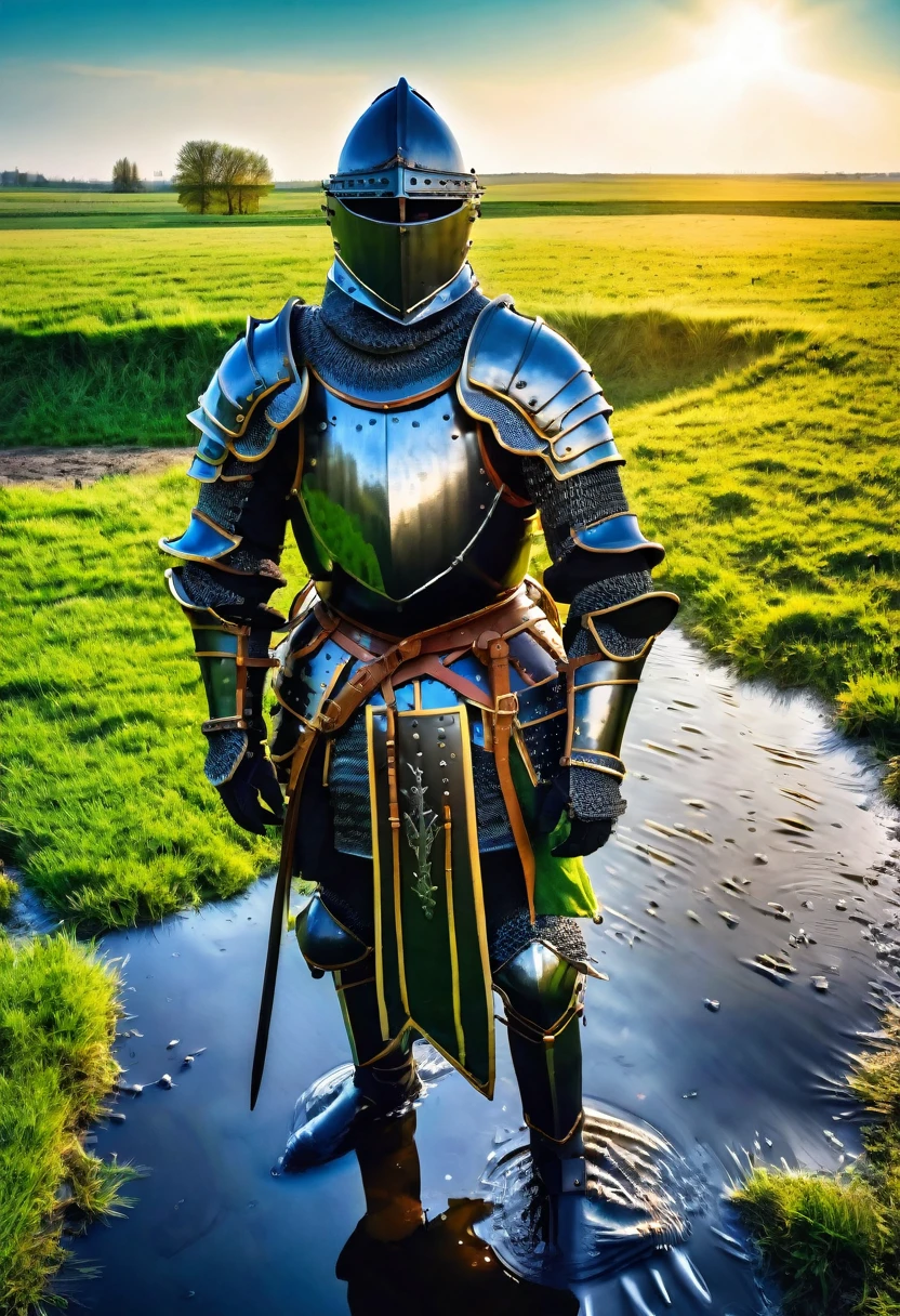 Fish-eye lens, portrait photo of a medieval knight in black armor in a green field, wet stone, puddles, blue sky, sunshine on armor