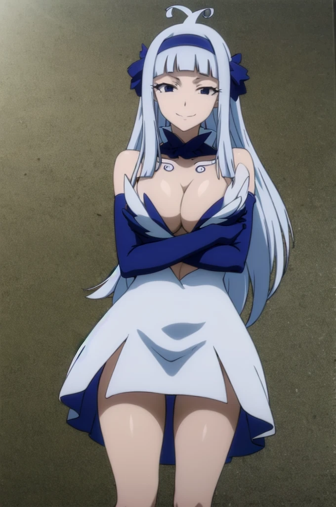 FAIRY TAIL ANGEL, LONG HAIR, BANGS, BLUE HAIR, HAIRBAND, BLUE HAIRBAND, AHOGE, THIGHHIGHS, GLOVES, DRESS, CLEAVAGE, ELBOW GLOVES, WHITE DRESS, 1girl, solo, facing viewer, (evil smile:1.3),Highly detailed CG Unity 8K wallpaper, perfect lighting,laugh at,evil smile,evil smirk,looking down at viewer,,smile bad,deep shaded face,too evil fall,dark world background,two hands,five fingers,two legs,thighhigh boots,