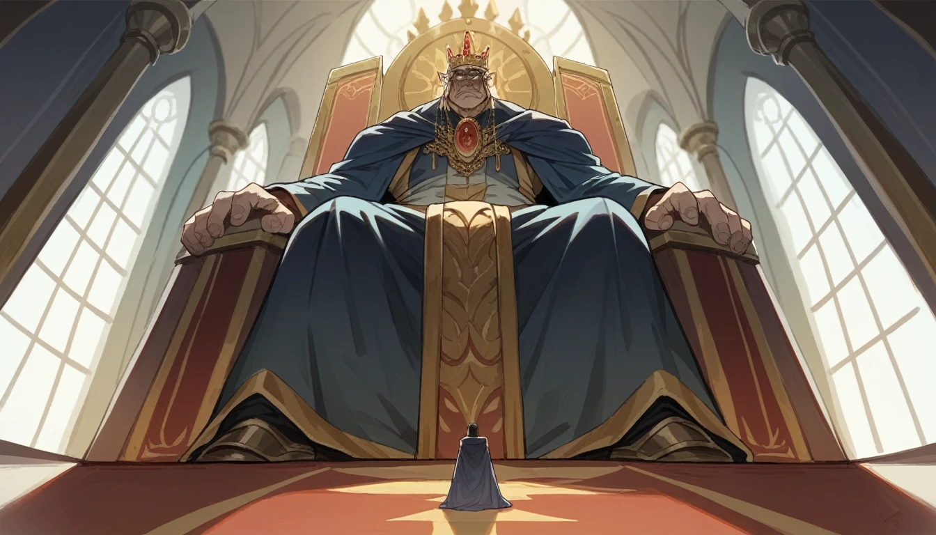 extremely detailed face, extremely detailed eyes, king's chamber, big room, royal palace room, wide angle, king on the throne, knights at the side, shot from below, arrogant, snobby, middle aged, short, masterpiece, score_9, score_8_up, score_7_up, extreme details
