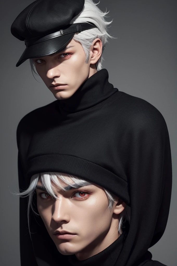 I want a male character with a black cap and white hair on the side with red eyes with a serious face and a black turtleneck sweatshirt based on the free fire character 
