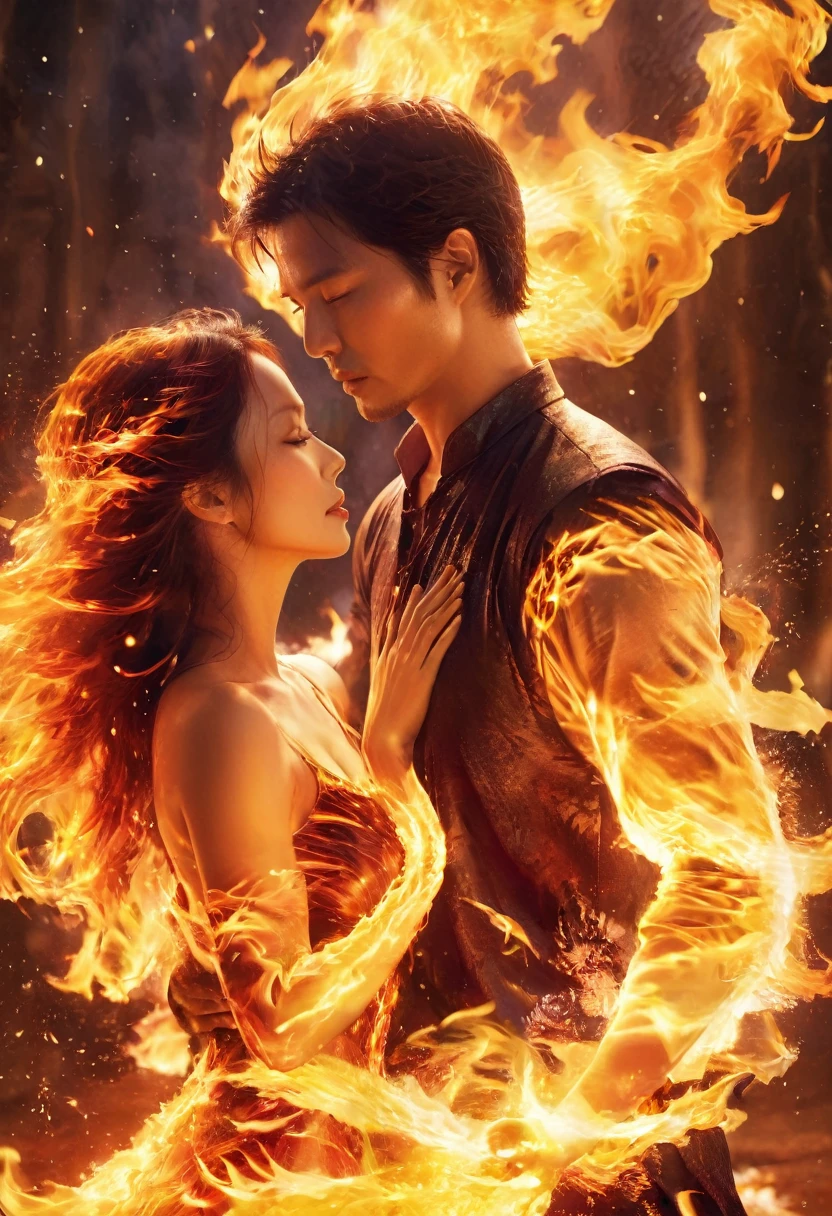 masterpiece, Best quality, detailed, high resolution, (flame/hot焰/flame,Dynamic Scenes:1.3),Romantic couple kissing in fire,Firestorm, on fire, Weird fantasy image, Very good skin texture,Magic Circle, Casting a Spell, peculiar, 紫色strength, strength, hot, meteor,