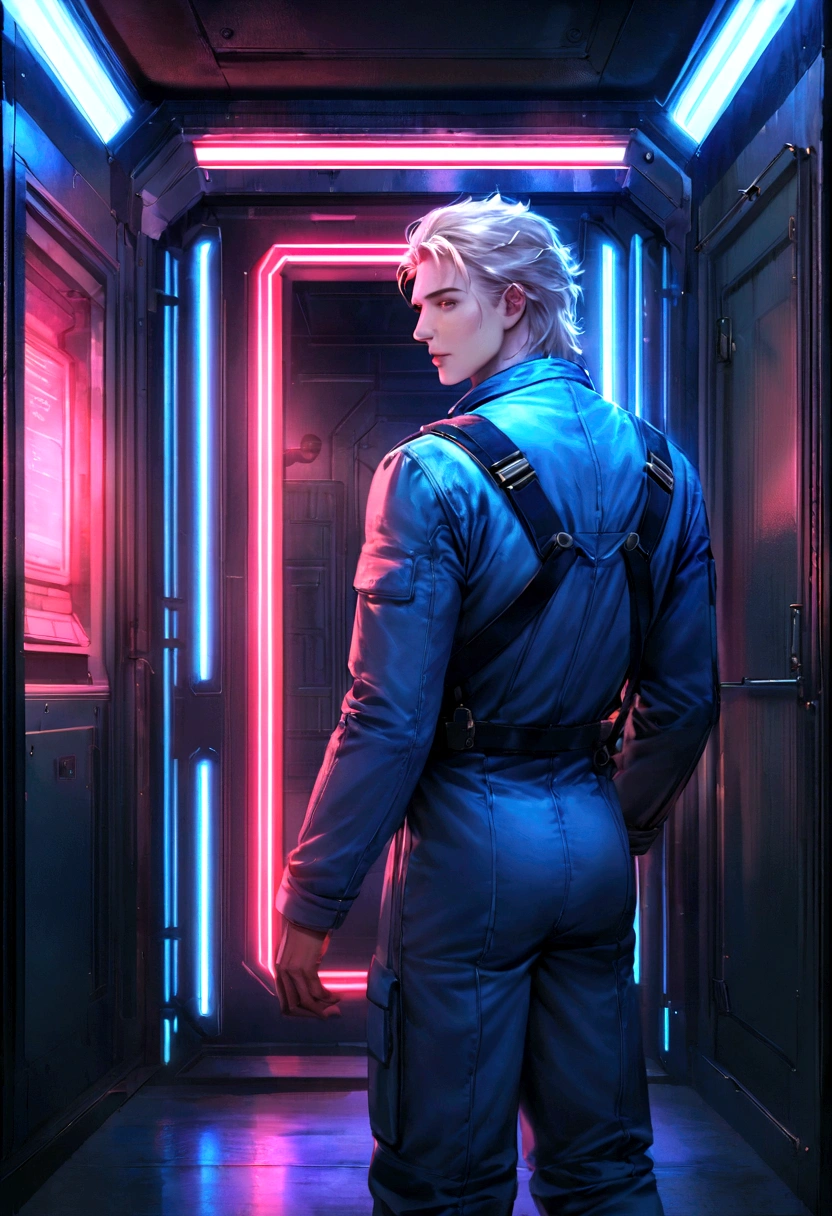 Create a detailed digital artwork of a male Vault Dweller from the Fallout universe. He has long platinum blonde hair, fair skin, and is extremely handsome. He is wearing the classic blue Vault jumpsuit, with the number visible on the back. The art should be in a realistic style, with attention to details and textures.The scene is set inside a vault with retro-futuristic lighting, highlighting neon lights and soft shadows. The background should include typical vault elements such as metallic panels, security doors, and piping, with a color palette in shades of blue and gray. The character's face and hair should be especially detailed, reflecting the ambient lighting to create a dramatic and realistic effect.