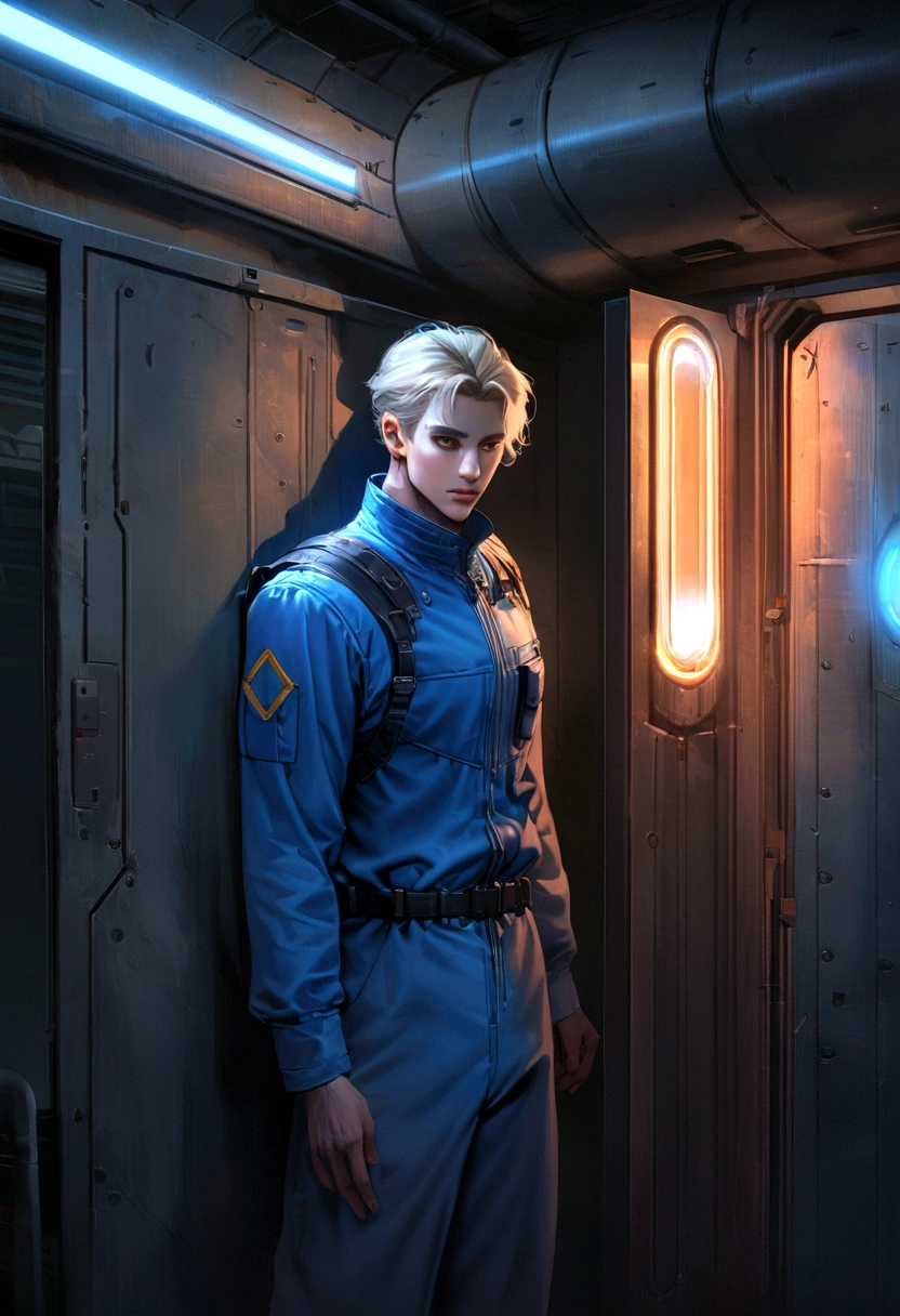 Create a detailed digital artwork of a male Vault Dweller from the Fallout universe. He has long platinum blonde hair, fair skin, and is extremely handsome. He is wearing the classic blue Vault jumpsuit, with the number visible on the back. The art should be in a realistic style, with attention to details and textures.The scene is set inside a vault with retro-futuristic lighting, highlighting neon lights and soft shadows. The background should include typical vault elements such as metallic panels, security doors, and piping, with a color palette in shades of blue and gray. The character's face and hair should be especially detailed, reflecting the ambient lighting to create a dramatic and realistic effect.