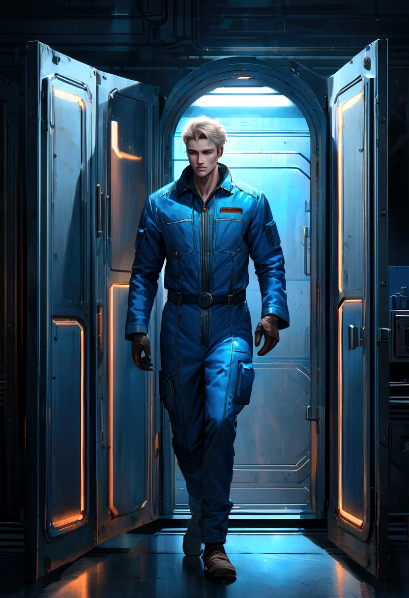 Create a detailed digital artwork of a male Vault Dweller from the Fallout universe. He has long platinum blonde hair, fair skin, and is extremely handsome. He is wearing the classic blue Vault jumpsuit, with the number visible on the back. The art should be in a realistic style, with attention to details and textures.The scene is set inside a vault with retro-futuristic lighting, highlighting neon lights and soft shadows. The background should include typical vault elements such as metallic panels, security doors, and piping, with a color palette in shades of blue and gray. The character's face and hair should be especially detailed, reflecting the ambient lighting to create a dramatic and realistic effect.
