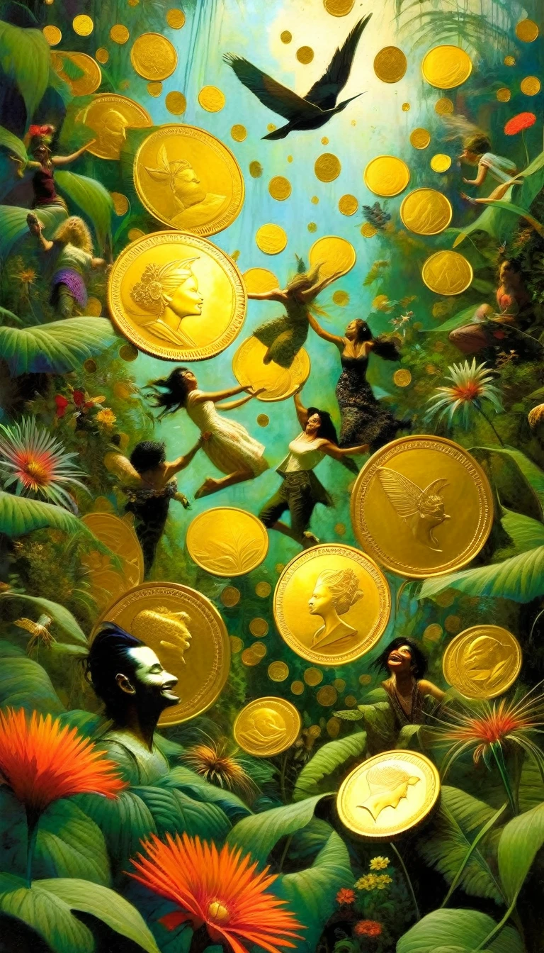 ten large gold coins scattered around the image, people have fun in a lush garden among plants and flowers (Dave Mckean inspired art, intricate details, oil painting)

