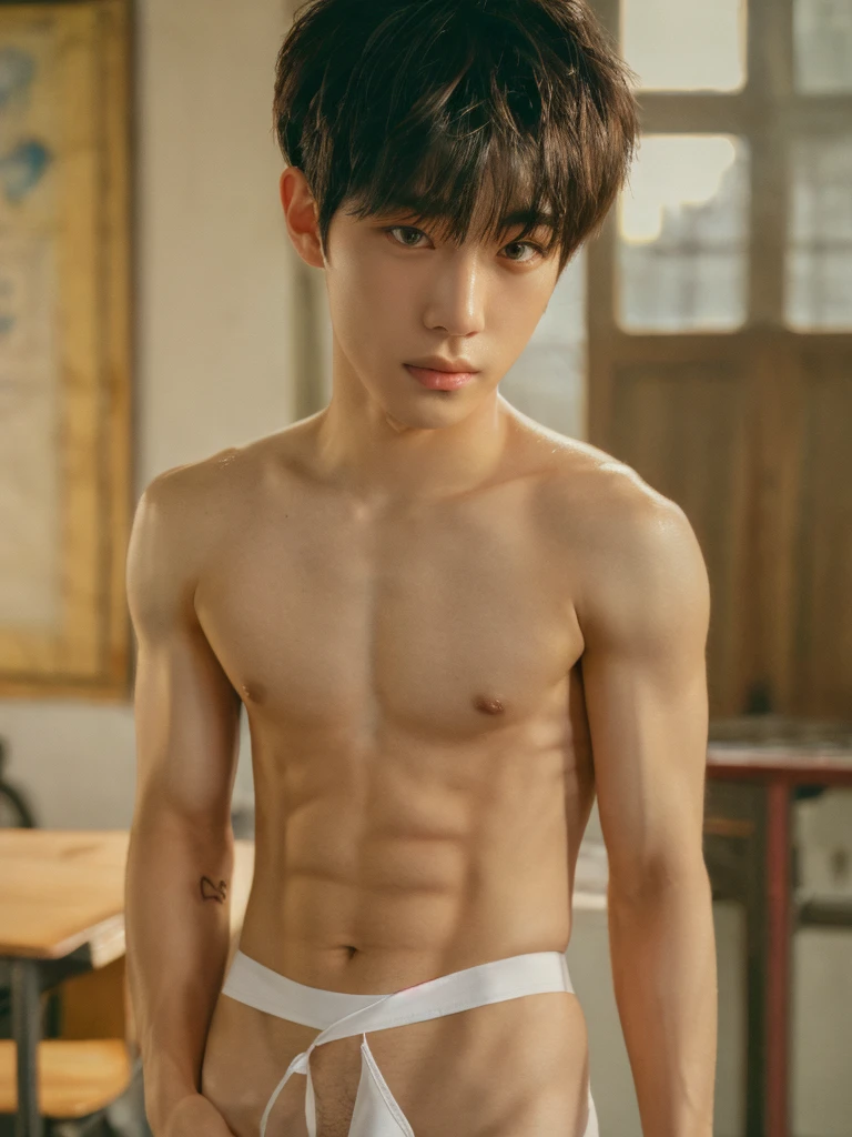 full body, 1 person, 18 year old, muscular man, korean, topless, wearing white jockstrap, sexy, soft light, Zoom in for a close-up, Masterpiece, best quality, photo realistic, classroom.