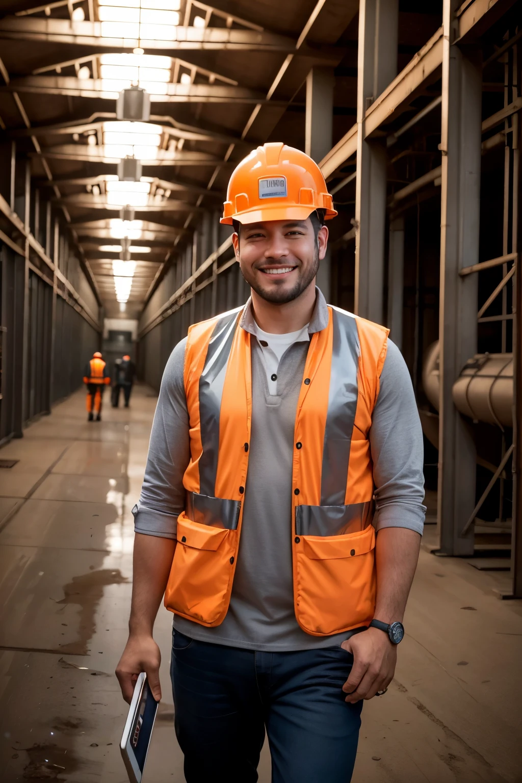 create a realistic image (photoshot) of a man in an iron ore plant. This man must wear an orange safety vest, a white safety helmet, the man must be smiling and must be handling a tablet.