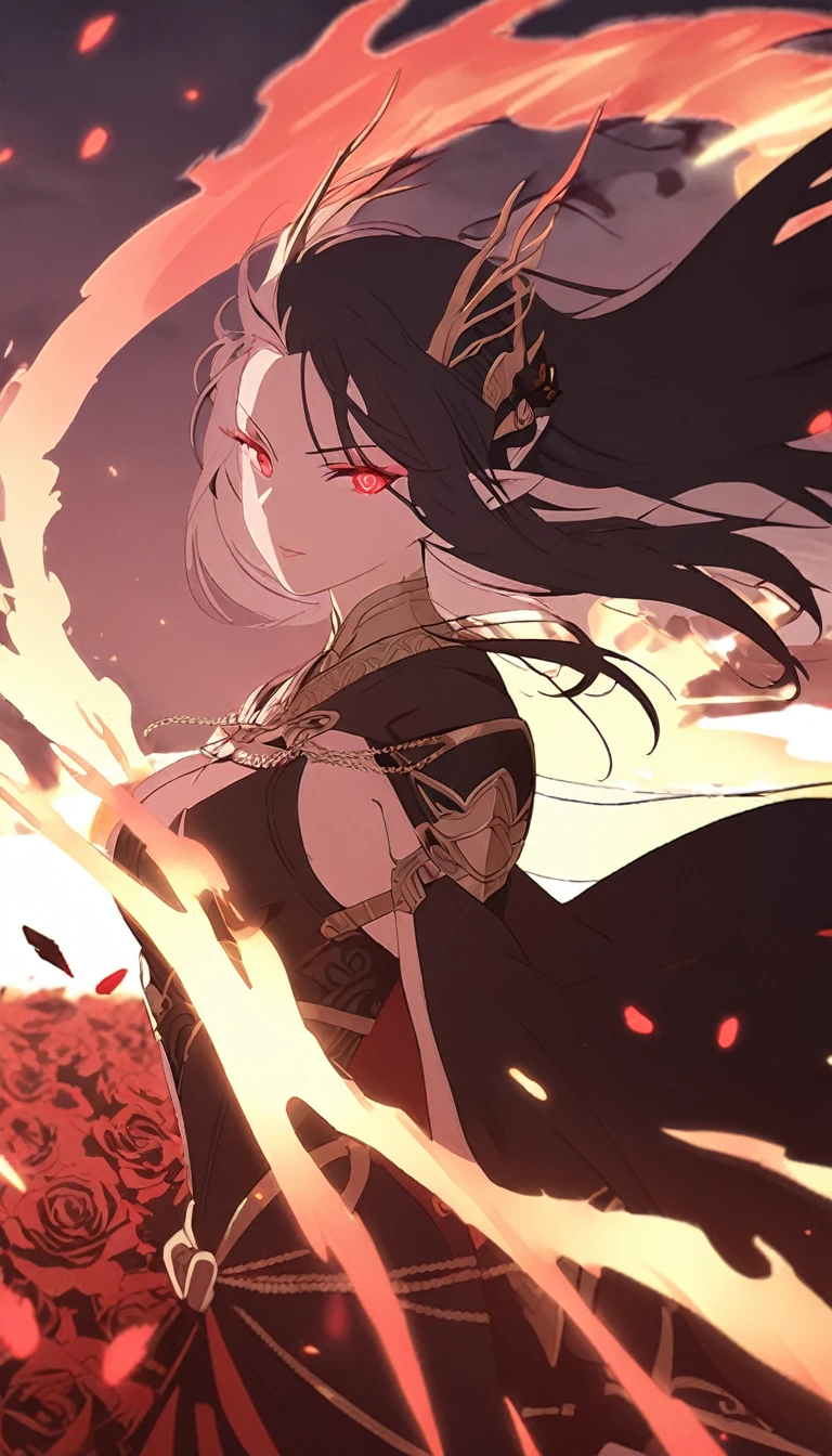 1woman, elven ears, darkness god, fire black hair, straight hairstyle, glowing red eyes, black roses field, fire wings, war goddess, elegant thai warrior,