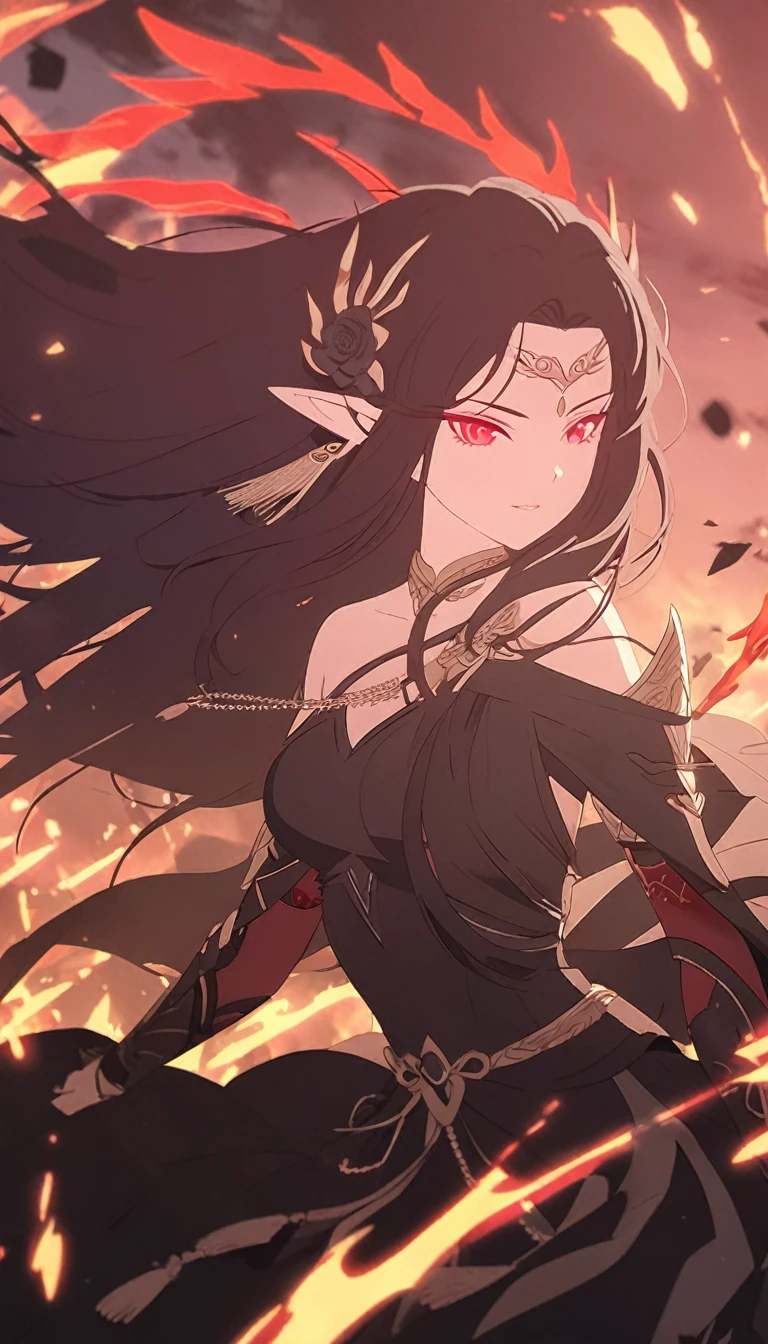 1woman, elven ears, darkness god, fire black hair, straight hairstyle, glowing red eyes, black roses field, fire wings, war goddess, elegant thai warrior,