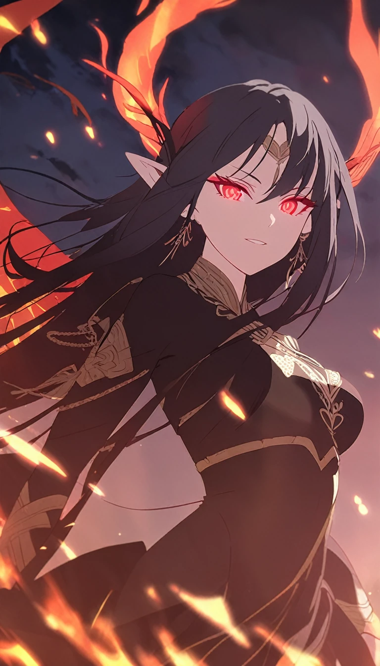 1woman, elven ears, darkness god, fire black hair, straight hairstyle, glowing red eyes, black roses field, fire wings, war goddess, elegant thai warrior,