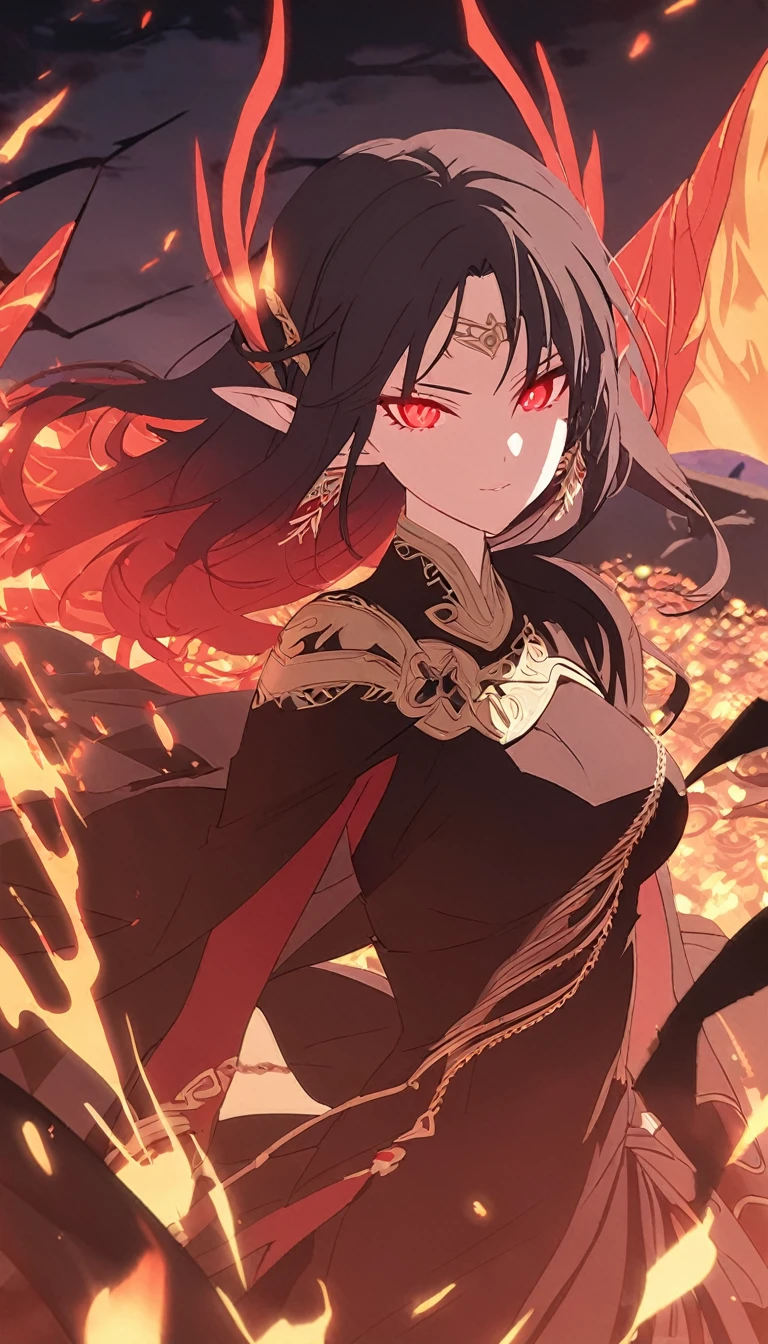 1woman, elven ears, darkness god, fire black hair, straight hairstyle, glowing red eyes, black roses field, fire wings, war goddess, elegant thai warrior,