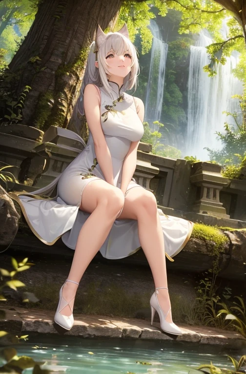 adult japanese catgirl with white cat tail and white cat ears, breathtaking cherry tree forest, falling cherry petal, ((white elegant sleeveless cheongsam dress)), smooth and beautiful legs, ((brown eye color)), (medium short length hair flowing in the wind), ((white hair), ((white high heeled pumps shoes)), beautiful nature, post apocalyptic ancient ruins, pond of water in front of her, small waterfall in the background, ((high quality)), extremely detailed, (bokeh), dof, large breasts, sitting in front of a cherry tree, elegant ancient stone structure, (knees very close together), (arms and hands in between knees), hand palms together ,tiptoeing, side swept hair bangs, looking at viewer, realistic body anatomy,(solo), evening golden sun backlight, (face markings), hair braid, bangs, gentle smile, (lady sitting), bare legs, dutch angle