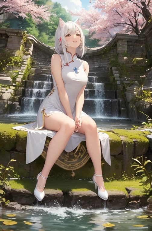 adult japanese catgirl with white cat tail and white cat ears, breathtaking cherry tree forest, falling cherry petal, ((white elegant sleeveless cheongsam dress)), smooth and beautiful legs, ((brown eye color)), (medium short length hair flowing in the wind), ((white hair), ((white high heeled pumps shoes)), beautiful nature, post apocalyptic ancient ruins, pond of water in front of her, small waterfall in the background, ((high quality)), extremely detailed, (bokeh), dof, large breasts, sitting in front of a cherry tree, elegant ancient stone structure, (knees very close together), (arms and hands in between knees), hand palms together ,tiptoeing, side swept hair bangs, looking at viewer, realistic body anatomy,(solo), evening golden sun backlight, (face markings), hair braid, bangs, gentle smile, (lady sitting), bare legs, dutch angle