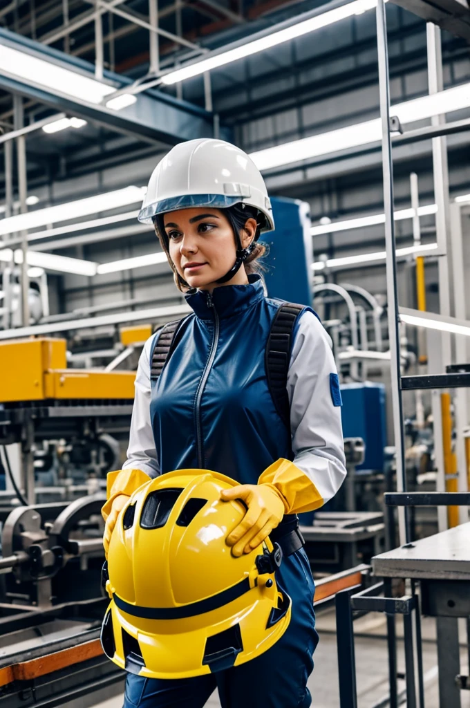 Cartoon of Woman with helmet and safety clothing working in a factory