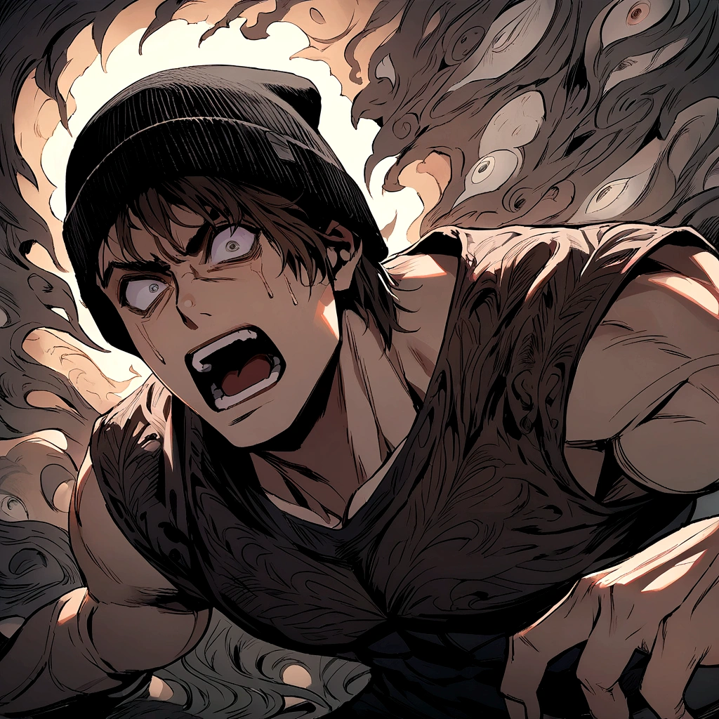 Muscular boy with a black beanie hat and you can see his medium brown hair, terrified by all the voices around the product of his madness