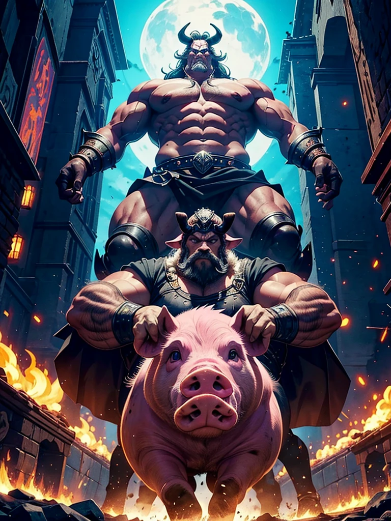 I want you to draw the god of all pigs in the pig world, he is a great animal, pig, boar, demon, robot.. Ready for a terrible battle.  demonic with fangs, the pig titan, the biggest of pigs, the pig titan un gran cerdo the biggest of pigs es es el Dios de todos los cerdos y tiene colmillos y es grande y es muy malo,  and it is imposing, impressive and super powerful and gives the space to put letters.  a demonic pig God with big demon pigs and there are three big pigs Titans gods of all pigs and all heavy metal. I don&#39;t want people, just animals.. 

