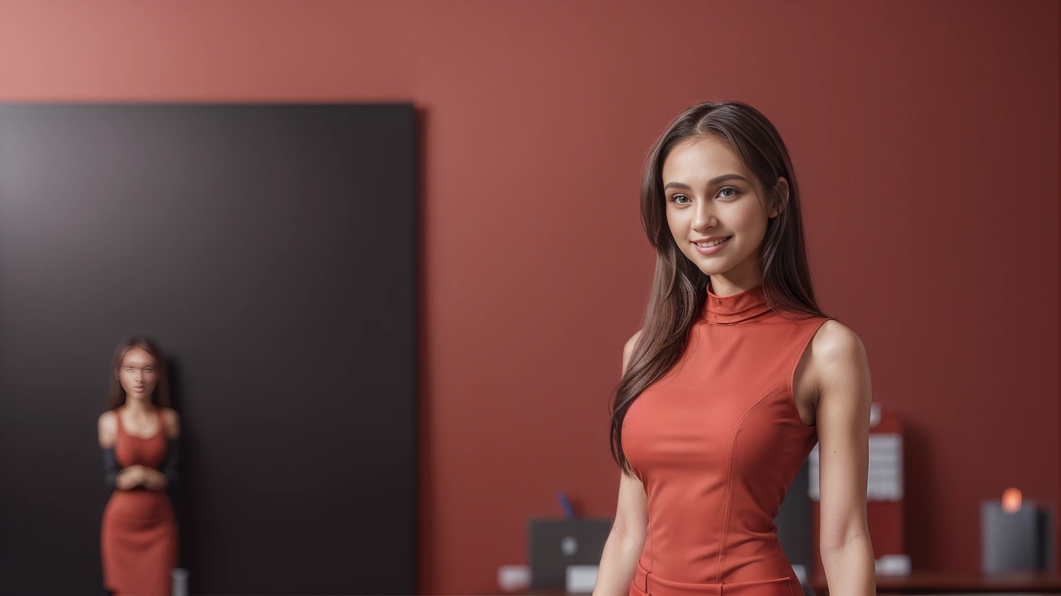 8k, masterpiece, RAW photo, best quality, photorealistic, extremely detailed CG unity 8k wallpaper, Depth of field, Cinematic Light, Lens Flare, Ray tracing, (extremely beautiful face, beautiful lips, beautiful eyes), intricate detail face, ((ultra detailed skin)), ((1girl:1.9)), ((standing alone:1.9)), ((19years old)), (beautiful and aesthetic:1.2), (big smile:1.2), deep shadow, (sharp focus), [((Raiana-Elizabeth-Dilla:1.9))], pretty girl, (very slim slender fit-muscled body:1.9), (((business-style fashion:1.9))), (((modern office background:1.9))), (shiny skin), clear eyes, (pale skin), soft lighting, (flowing dark-black hair), (looking at viewer:1.9),highly detailed, ultra realistic, extremely detailed and realistic ((red:1.9)) clothes.