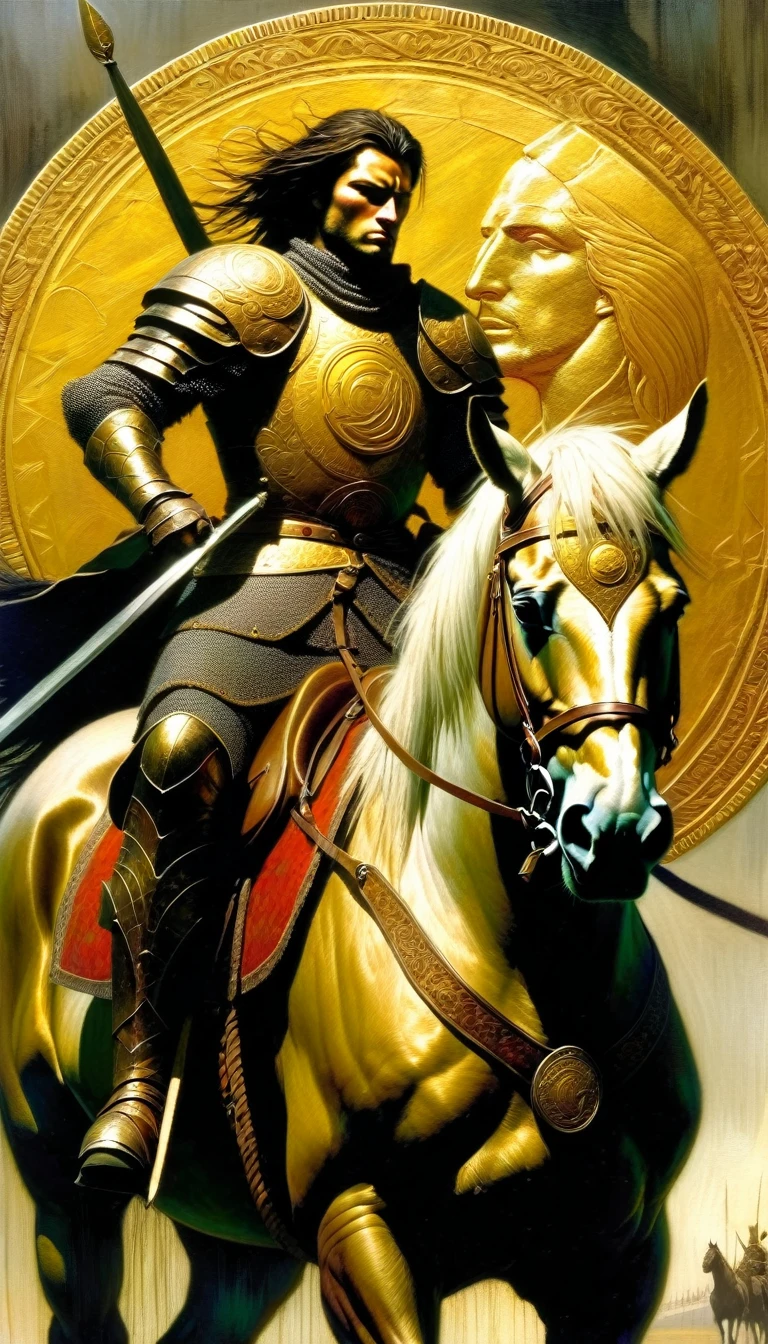 a large warrior in armor riding a horse, determination, chivalrous, carrying a large gold coin in one hand (art inspired by Dave Mckean, intricate details, oil painting)