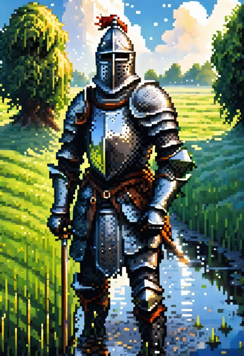 Fish-eye lens, portrait photo of a medieval knight in black armor in a green field, puddles, blue sky, sunshine on armor,  pixel art