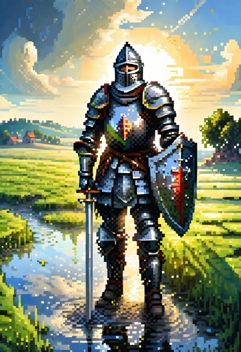 Fish-eye lens, portrait photo of a medieval knight in black armor in a green field, puddles, blue sky, sunshine on armor,  pixel art