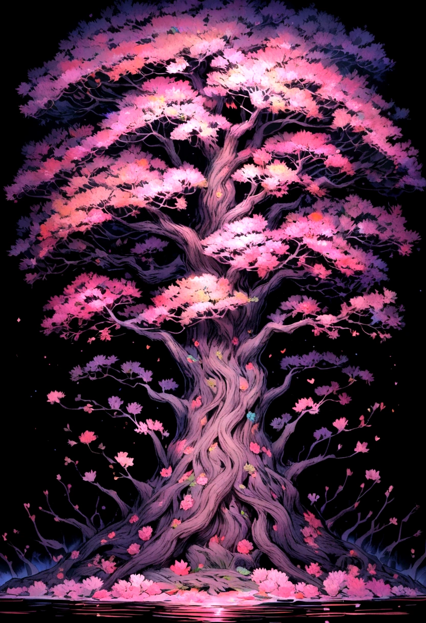 Black background with cherry tree covering the top of the image 