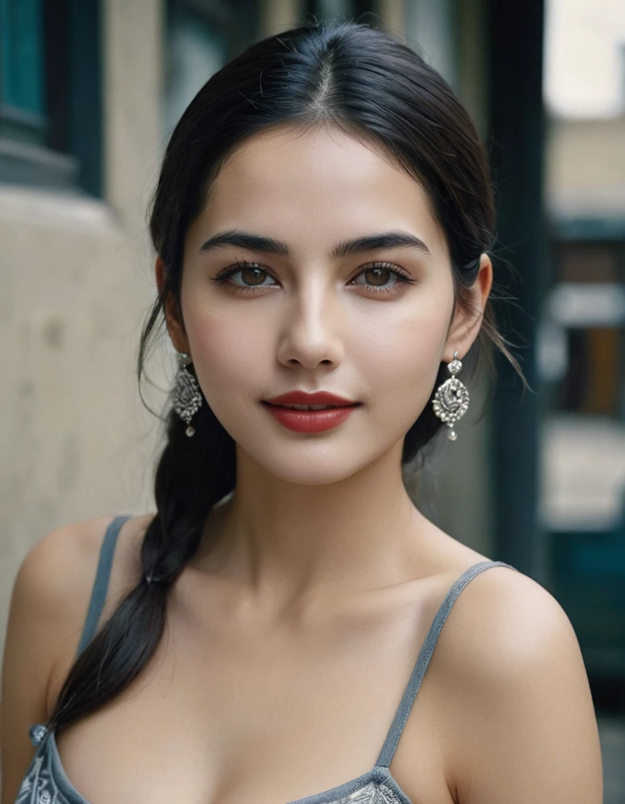A hot realistic, photorealism,hyperrealistic ((4k,8k quality)) perfect face (women)skin zehragunes,(beautiful face, beautiful lips) highly detailed face, highly detailed skin ,silver earings,large breast,open
, analog film photo solo,breast,fair colour skin, detailed skin, piece of art, obviously naked thighs,, realistic murals, ( smile 512) Kodachrome, Lomography, stained,