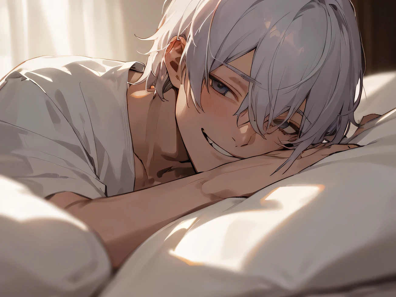 aldult.,male,good looking,30th Generation,adult,Cool vibe,I,Silver-haired,mash,Upper Body,naked,Close up of,Excited,Wicked Smile,Yandere atmosphere,Light,Hotel room bed