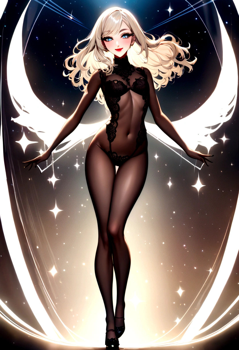 Create an image of the most stunningly gorgeous beautiful perfect  youthful woman, absolutely gorgeous face, long luscious eyelashes, black eyeliner, curved eyebrows, perfect makeup, lipstick, perfect complexion, beautiful silky smooth skin, long luscious platinum blonde hair, detailed sapphire eyes, beautiful hour glass body figure, smiling,  full  lace , full body view,