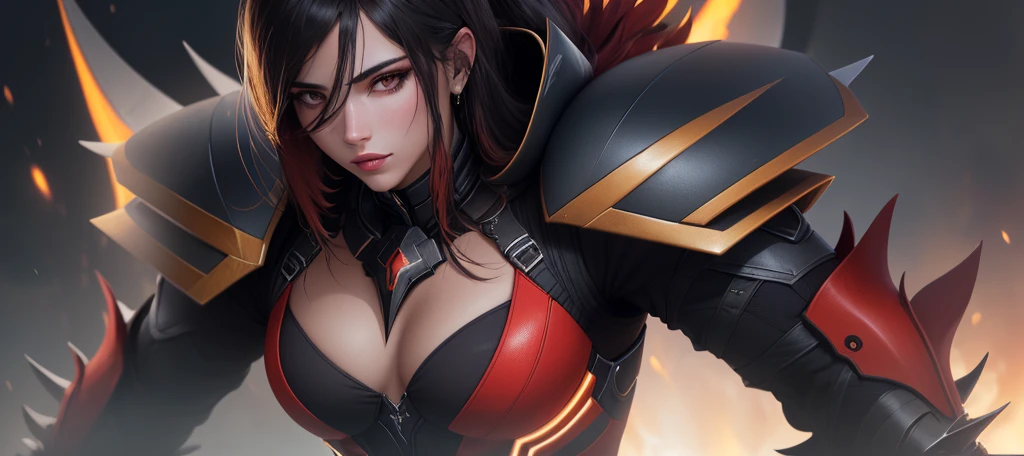 a close-up of a person in a red and black outfit, titan of erebos, “titan of erebos, octane], octane rander, octane remder, a skin, obsidian skin, skin black, deviantar, octane rendring, octane redner, obsidian skin, black and yellow and red scheme, high-tech red armor