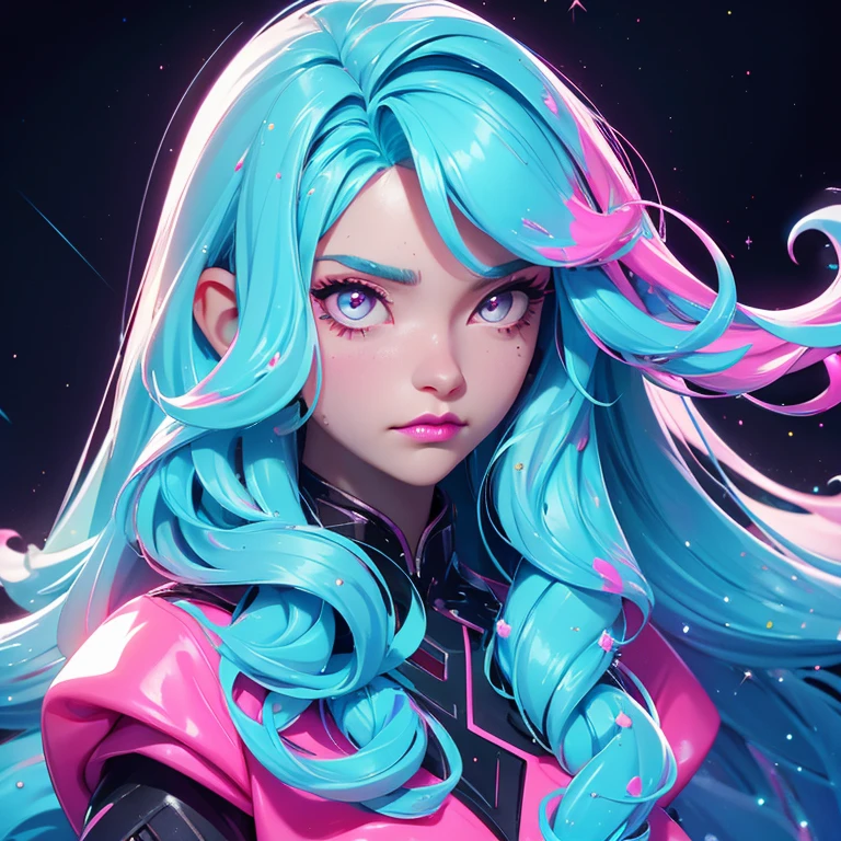 a portrait of a woman who looks very bored, glitter slime dripping from her face, she has long hair with colored streaks, neon lipstick