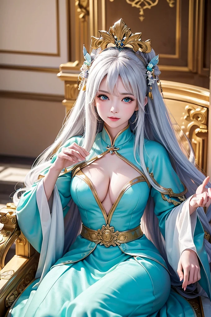 ((masterpiece:1.5,Highest quality,Highly detailed images,Beautiful images、Realistic、Photorealistic、2.5D))(1girl, 独奏)(medium breasts, white hair, aqua eyes, Healthy legs、Tight ass、Beautiful cleavage)(Fantasy dresses、Fantasy Costume: Battle Dress from Another World)(wind, floating hair)(Empire、Audience Chamber、Sitting on the throne)