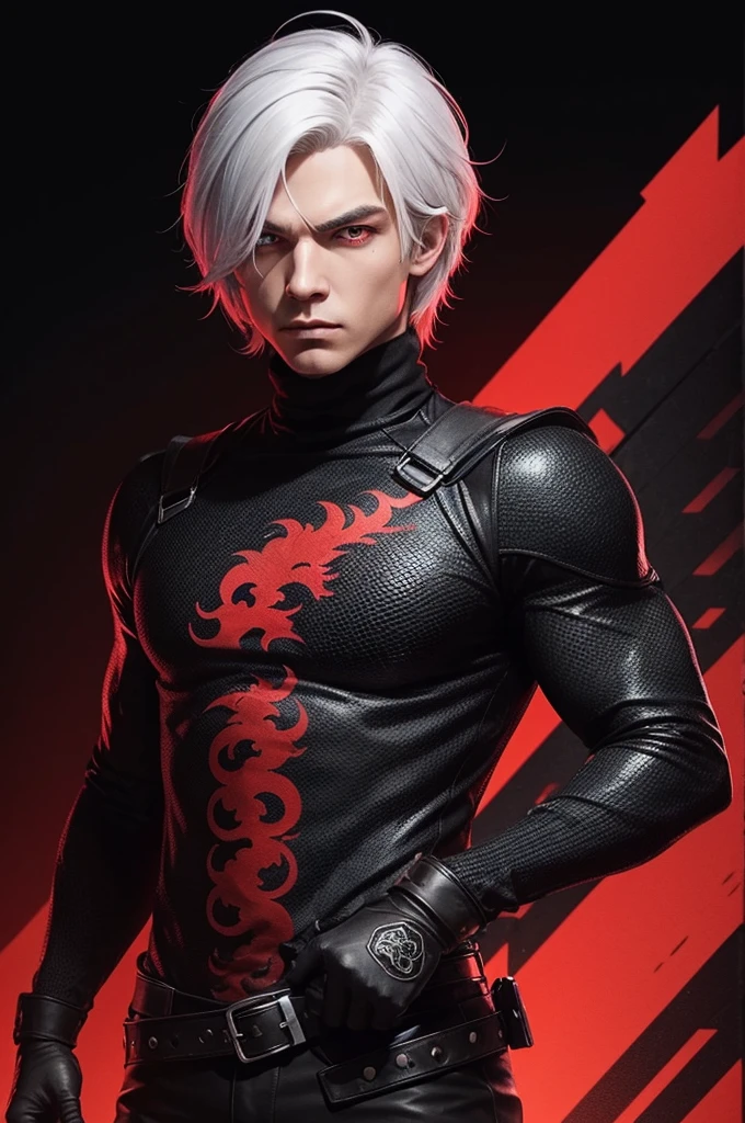 I want a male character with white hair and red eyes with a serious face and a black turtleneck based on the free fire character and with a red background with a black house in the background and a dragon near the bottom 

