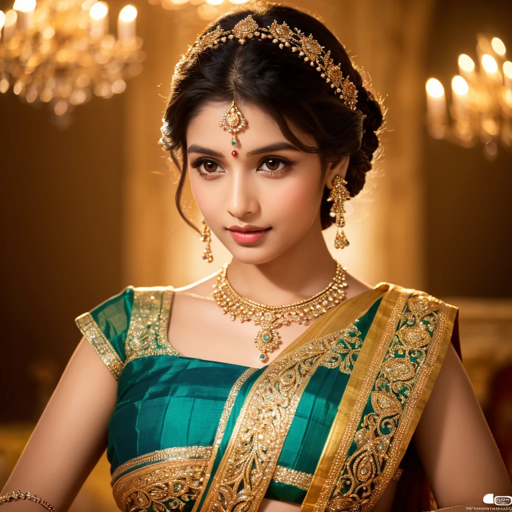 beautiful indian girl in stunning saree, extremely detailed face, beautiful eyes, long eyelashes, detailed lips, elegant hairstyle, intricate saree design, ornate jewelry, warm lighting, cinematic composition, dreamlike atmosphere, vibrant colors, (best quality,4k,8k,highres,masterpiece:1.2),ultra-detailed,(realistic,photorealistic,photo-realistic:1.37),vivid colors,cinematic lighting,intricate details,stunning beauty,elegant pose