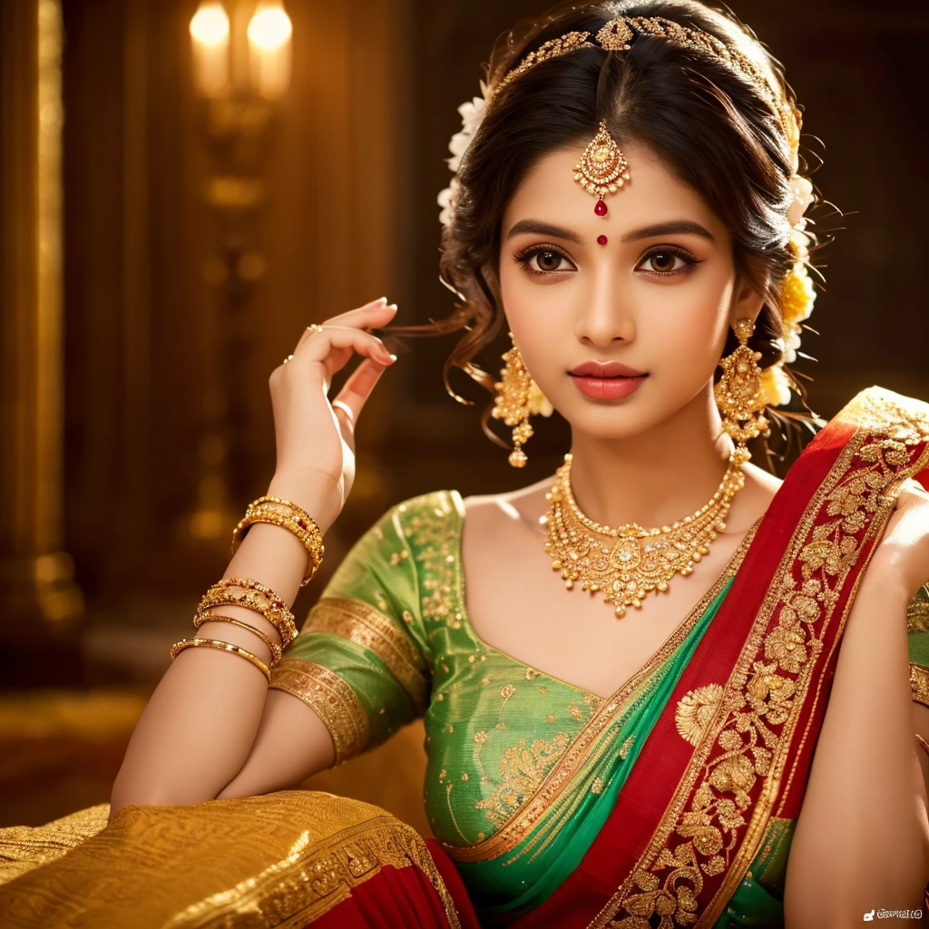 beautiful indian girl in stunning saree, extremely detailed face, beautiful eyes, long eyelashes, detailed lips, elegant hairstyle, intricate saree design, ornate jewelry, warm lighting, cinematic composition, dreamlike atmosphere, vibrant colors, (best quality,4k,8k,highres,masterpiece:1.2),ultra-detailed,(realistic,photorealistic,photo-realistic:1.37),vivid colors,cinematic lighting,intricate details,stunning beauty,elegant pose
