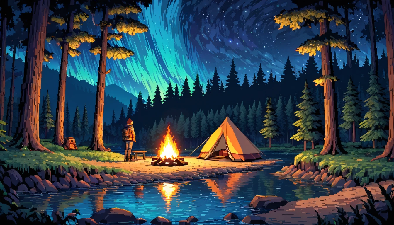 a lonely figure setting up a tent near a flowing river, campfire glowing in the darkness, star-filled night sky above the dense forest, intricate pixelart style, HDR, 8k, high quality, detailed interior of the tent, relaxing color palette