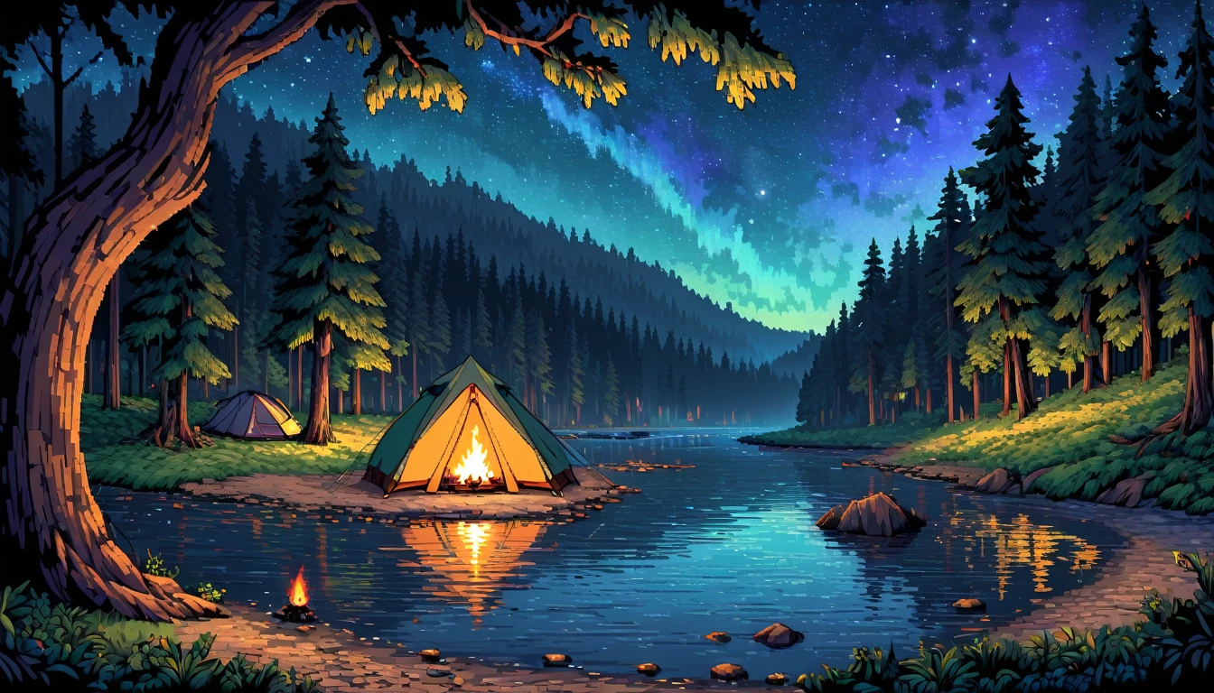 a lonely figure setting up a tent near a flowing river, campfire glowing in the darkness, star-filled night sky above the dense forest, intricate pixelart style, HDR, 8k, high quality, detailed interior of the tent, relaxing color palette