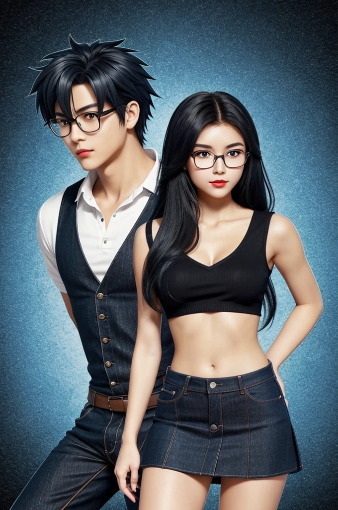 Anime drawing style video games 2000 style and the drawing is pixelated style female drawing with black hair down to the buttocks, and without fringe, with navy blue denim pleated skirt, and no bulky chest with a black v-neck top that reaches to the waist, I want him to have black furry boots below his knees, I want her to have white skin but a little tan and with voluminous red lips., I want him to have a round face and wear glasses. The body will have a normal complexion and the background will have a blue sky landscape that may be pixelated.