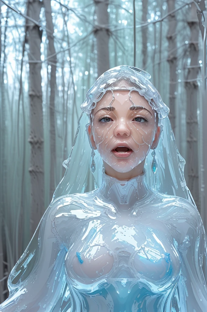 (beautiful screaming ???? woman), (eyes open), (terrified expression), (((frightened expression))), (((startled expression))), (((shouting))), (clear resin face), (face made of clear resin), (face turning into clear resin), (head made of clear resin), (body turning to clear resin), (body made of clear resin), (clear resin body), (skin becoming clear resin), (face turning to clear resin), (head turning to clear resin), (arms turning to clear resin), (hands turning to clear resin), (clear resin hands), (clear resin fingers), (skin made of clear resin), (clear resin skin), (hair made of clear resin), (ASFR), (turning into clear resin), (becoming clear resin), (winter forest background), (defensive posture), ((((half made of clear resin, half made of flesh)))), side profile

