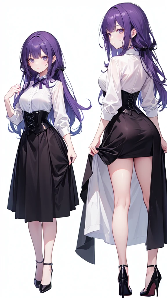 Purple Hair,Super long hair with volume,Adult female,(suit),White Y-shirt,((Rolling up his sleeves)),(corset),(Black skirt),(Slim silhouette skirt),(High heels),Heels are visible,((Simple white background)),smile,((whole body)),((full body)),Character Sheet,
