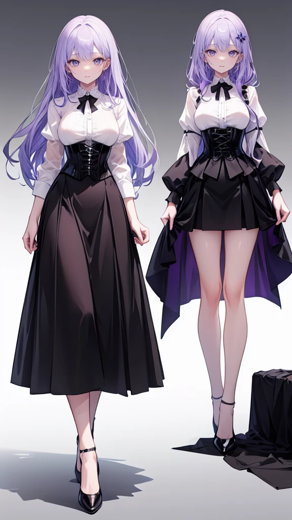 Purple Hair,Super long hair with volume,Adult female,(suit),White Y-shirt,((Rolling up his sleeves)),(corset),(Black skirt),(Slim silhouette skirt),(High heels),Heels are visible,((Simple white background)),smile,((whole body)),((full body)),Character Sheet,