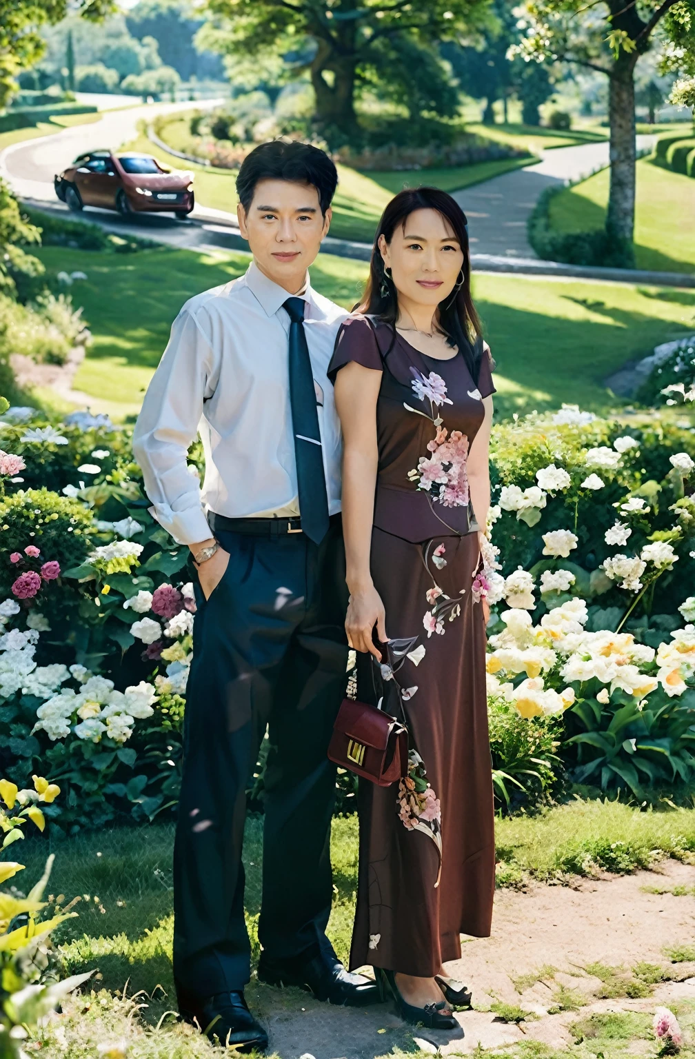 Highly realistic photo, ((masterpiece), (best quality), (raw photo), (photorealistic:1.4), This is a photo of a middle-aged couple posing together in front of a picturesque background. The man wore a white shirt with a dark tie and black pants, while the woman wore a maroon dress with floral decorations. She is holding a small handbag in her left hand. Standing on green grass, the backdrop depicts a serene outdoor scene with greenery, trees, a car in the background and a garden with blooming flowers, creating an idyllic and romantic, photo taken by Sony A7IV