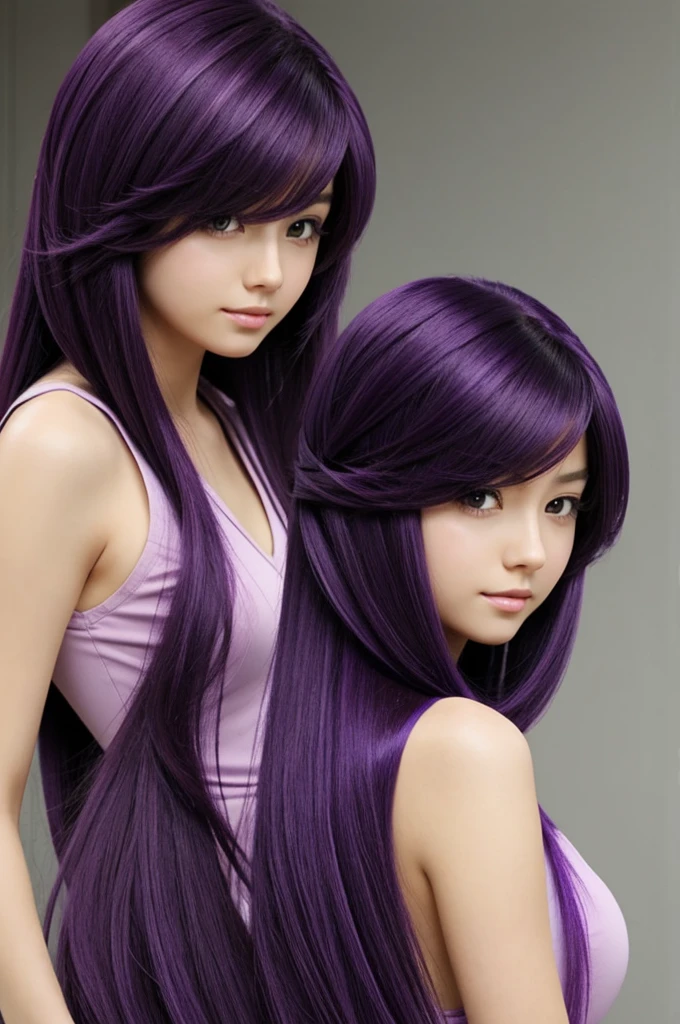 Anime girl, purple dark hair. Long hair with hair tail.