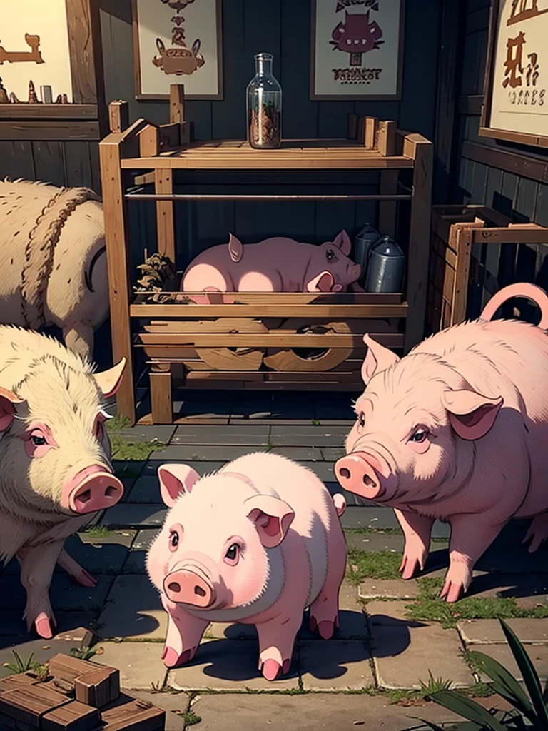 I want you to draw the god of all pigs in the pig world, he is a great animal, pig, boar, demon, robot.. Ready for a terrible battle. I don't want human faces or people, just demonic pigs with fangs., the pig titan, the biggest of pigs, the pig titan un gran cerdo the biggest of pigs es es el Dios de todos los cerdos y tiene colmillos y es grande y es muy malo, and it is imposing, impressive and super powerful and gives the space to put letters. a demonic pig God with big demon pigs and there are three big pigs Titans gods of all pigs and all heavy metal. I don't want people, just animals..