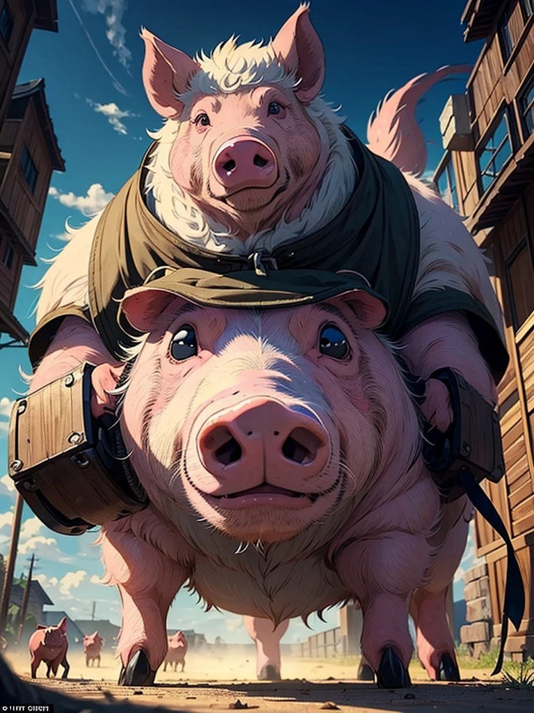 I want you to draw the god of all pigs in the pig world, he is a great animal, pig, boar, demon, robot.. Ready for a terrible battle. I don't want human faces or people, just demonic pigs with fangs., the pig titan, the biggest of pigs, the pig titan un gran cerdo the biggest of pigs es es el Dios de todos los cerdos y tiene colmillos y es grande y es muy malo, and it is imposing, impressive and super powerful and gives the space to put letters. a demonic pig God with big demon pigs and there are three big pigs Titans gods of all pigs and all heavy metal. I don't want people, just animals..