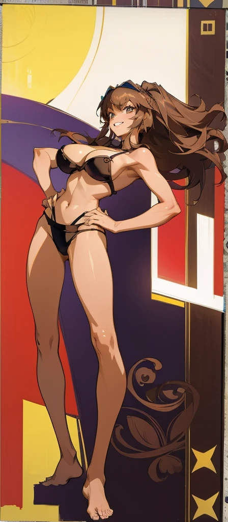 Masterpiece, best quality, Masterpiece, best quality, 1 woman , long brown hair , sunglasses , sly face , smile , purple bikini ,  arms , abdomen, big breasts , Barefoot , hands on hips , deck , sky