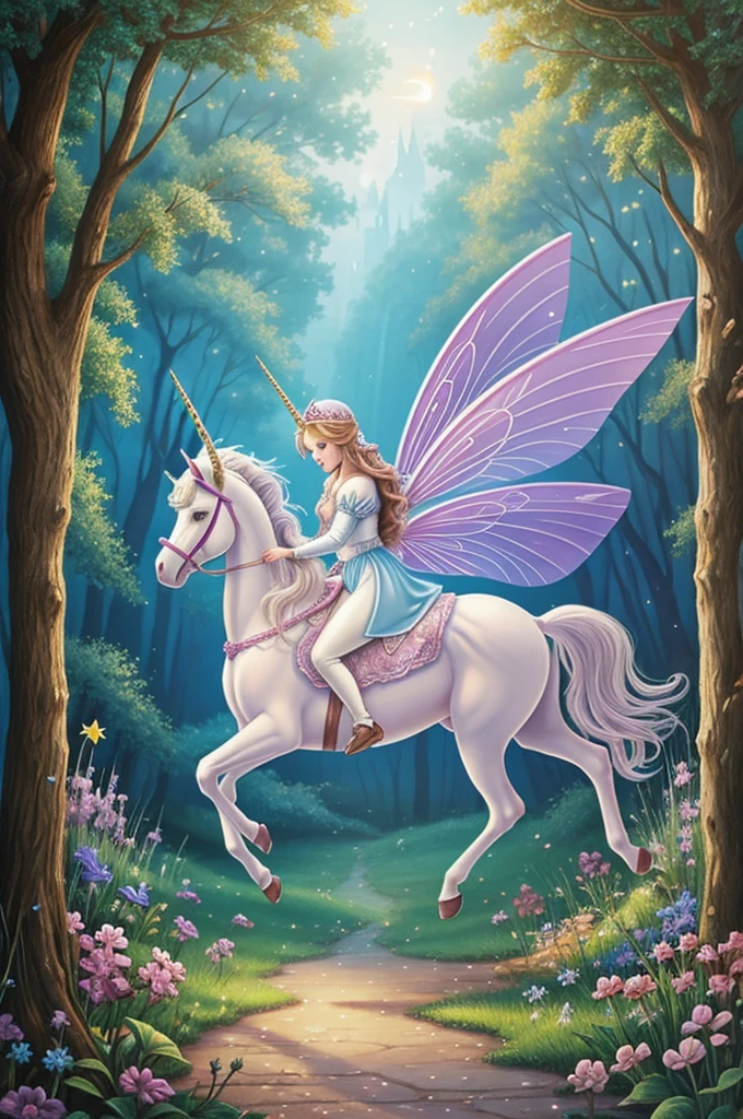 Fairy tale illustration of a princess flying on a unicorn