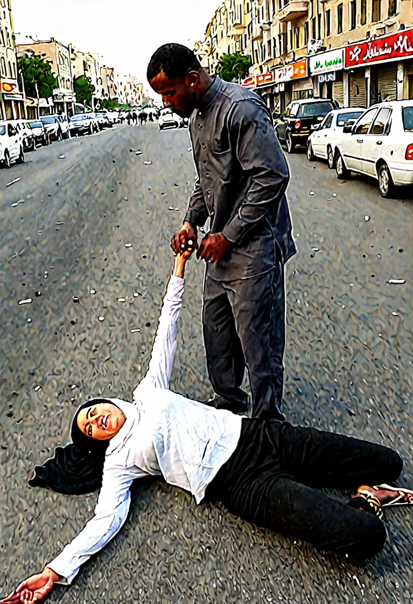 A black man crushing a Muslim woman at ground full body