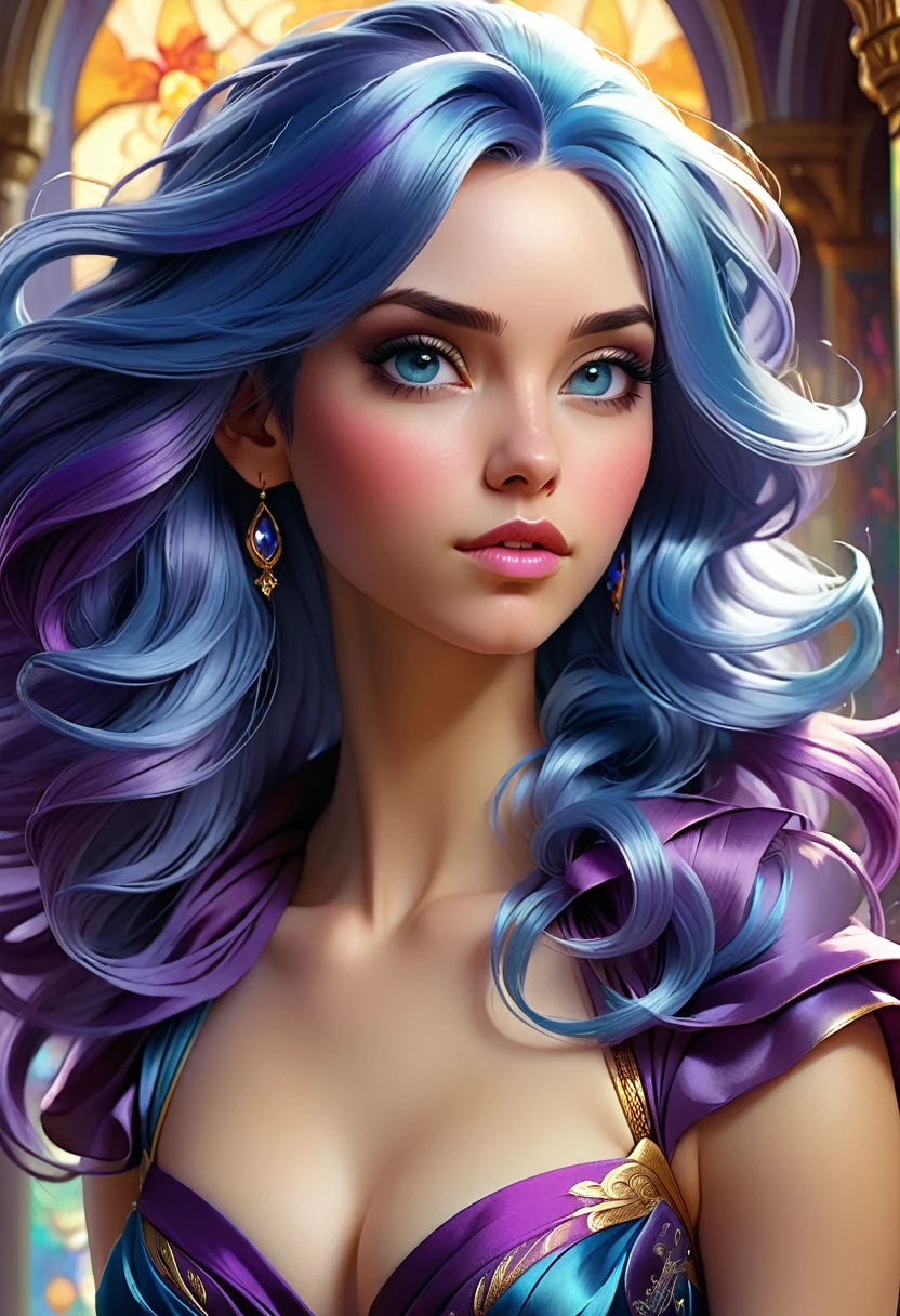 close-up of a woman with blue hair and a purple dress, digital art by Artgerm, ArtStation, Fantasy art, beautiful Fantasy art portrait, beautiful gorgeous digital art, glossy digital painting, Gorgeous digital painting, Rossdros Pastel Bright, beautiful fantasy portrait, beautiful Fantasy art, exquisite digital illustration, karol bak uhd, gorgeous digital art, beautiful drawing of the characters