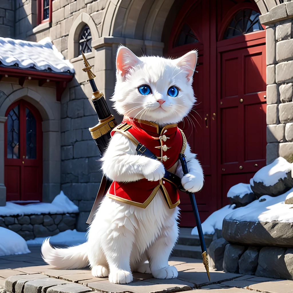 C4tt4stic, anthropomorphic blue-eyed white furry kitten, surrounded by countless light particles, each shining brightly, A ceremonial guard in a red uniform and a black bearskin hat stands in front of a historic building. The guard is positioned inside a small guardhouse structure with a curved top. The building has stone walls and a window in the background. The guard is standing straight with a rifle held over his shoulder, demonstrating a formal and disciplined posture. The scene resembles the Changing of the Guard ceremony at Buckingham Palace in London.